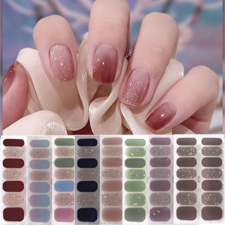 14Tips Semi Cured Gel Nail Stickers Waterproof Foil Self-Adhesive Gel Full Nail Wraps Glittering Simple Gel Nail Polish Strips DIY NAil Art Making