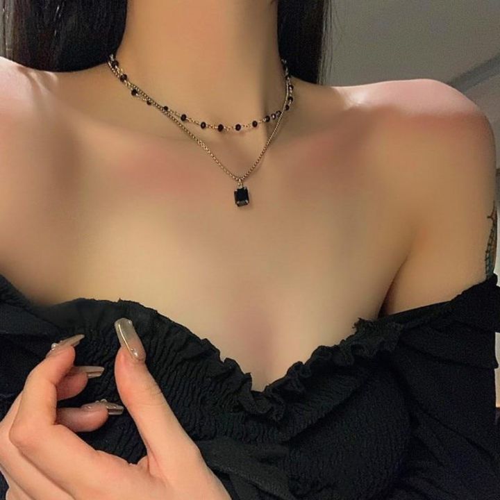 Stone necklace clavicle chain vintage fashion necklace women's double bead necklace geometric black zirconium jewelry