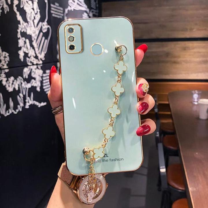 LECOMES for Tecno Spark Go 2020 Back Cover with Lucky Clover Bracelet Wristband Back Cover Luxury 6D Plating Shiny Bling Case Square Edge Soft Silicone Mobile Phone Cases Pouch