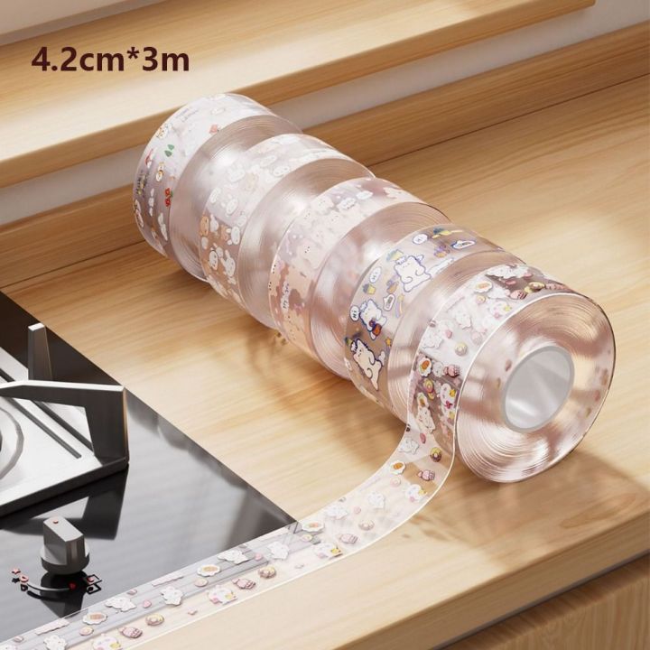 4.2cm*3m Self Adhesive Kitchen Sink Waterproof Sticker Mildew Strong Printed Sealing Strip Tape Transparent Printing Thickened Mould Proof Tape Wall Edge