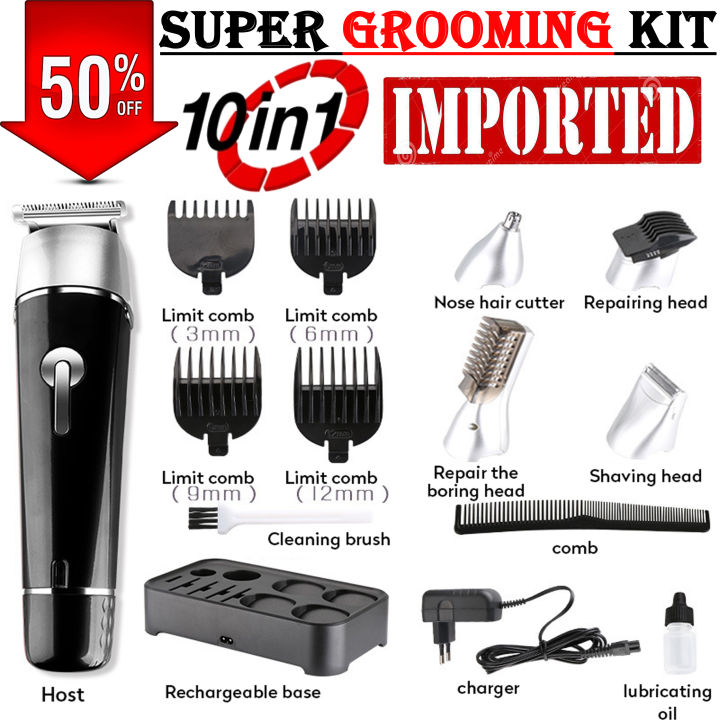 Professional 10 in 1 Electric Hair Clipper Nose Ear Body Trimmer Shaver - ( Model 1015 ) Rechargeable Trimming Cutting Machine Beard Styling - Waterproof Imported Grooming Kit 1015 Trimmers Shavers