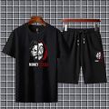 Pack of 3 Money heist printed track suit for men black(t-shirt+trouser+short). 