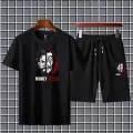 Pack Of 3 Money Heist Printed Track Suit For Men Black T Shirt Trouser And Shorts Set Casual Loungewear. 