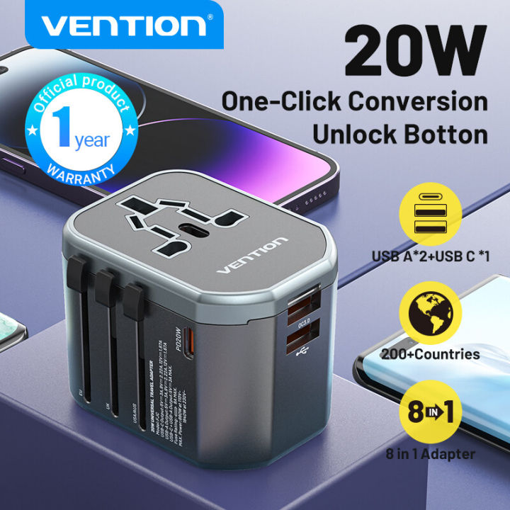 Vention 20W universal travel adapter international adaptor 2 pin to 3 pin converter USB C Fast Charging china to singapore power plug for iPhone 16 Laptop indonesia south africa thailand new zealand korea us to eu multi plug socket uk Type C Charger