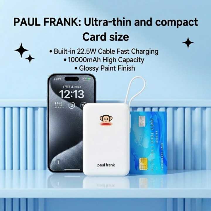 Paul Frank 10000mAh Power Bank 22.5W Fast Charging Built-in Cable Type-C Input 3C Certified 1 USB Port High-Speed Portable Power Bank (Blue)