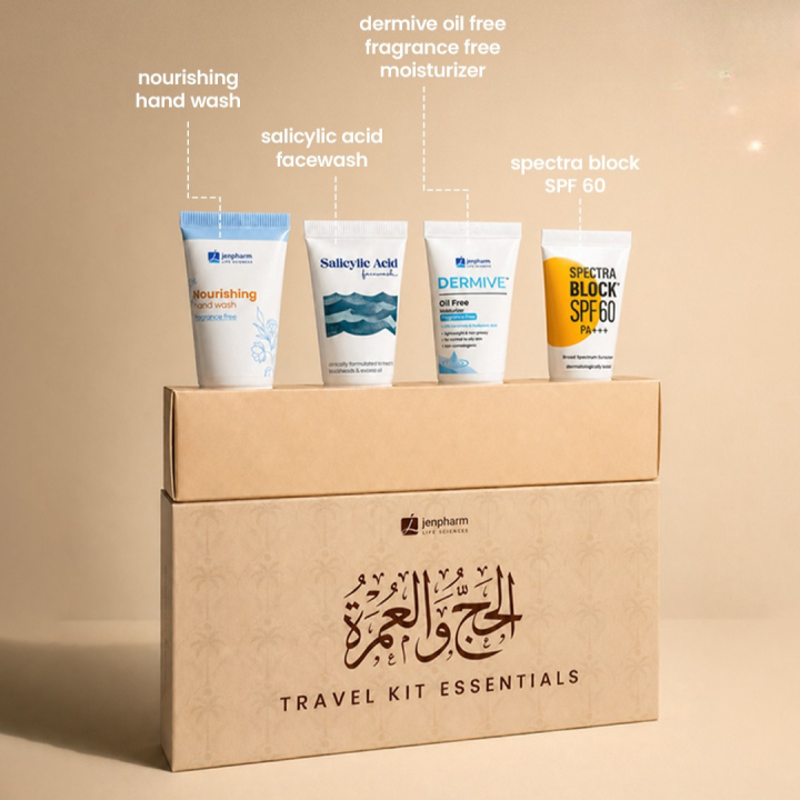 Jenpharm%20-%20Hajj%20&%20Umrah%20Essentials%20Kit%20-%20Pack%20of%204%20(Fragrance%20Free%20Hand%20Wash,%20Fragrance%20Free%20Salicylic%20Acid%20Face%20Wash,%20Dermive%20Fragrance%20Free%20Oil%20Free%20Moisturizer,%20Fragrance%20Free%20Spectra%20SPF%2060%20Sunblock%20-%20Image%202