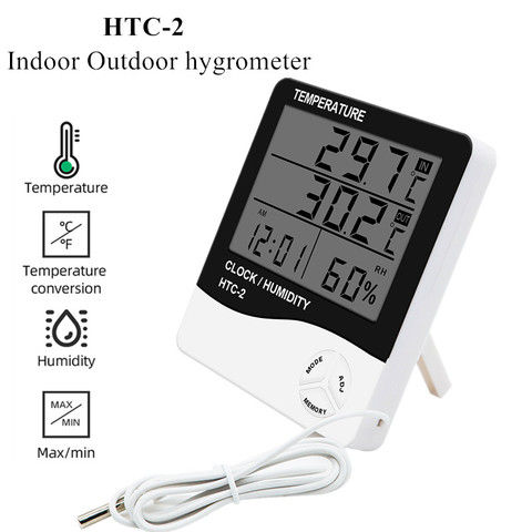 HTC-2 Digital LCD Temperature Humidity Meter Indoor / Outdoor Room Thermometer Clock Hygrometer with sensor Greenhouse Room Indoor Thermometer Monitor Clock Beep , Egg Incubator , Fish Tank Temperature Controlling