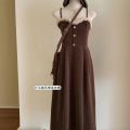 Corduroy slip dress, women's autumn and winter, French temperament, high-end coat, with a long skirt to cover the belly, celebrities. 