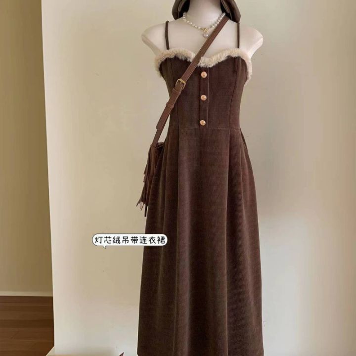 Corduroy slip dress, women's autumn and winter, French temperament, high-end coat, with a long skirt to cover the belly, celebrities