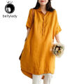 Women Linen Shirt Retro Button Design Half-sleeve Solid Color Casual Mid-length Blouse Tops. 
