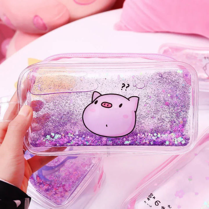Kawaii Cartoon PVC Transparent Quicksand Pencil Case Cartoon Glitter