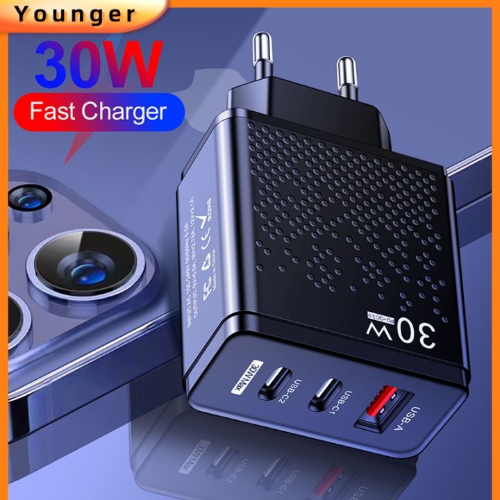 30W USB+2PD Type-c Mobile Phone Charger 5V 2.4A Fast Charging Adapter Multi Port US/EU/UK Plug Travel Charger For i-Phone Micro Tablet