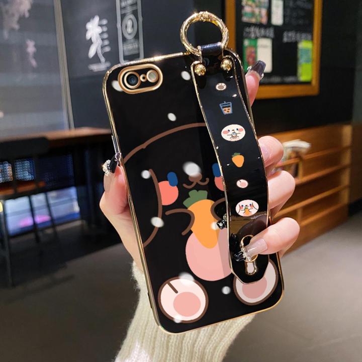 chenyyka For iPhone 6 Plus Case With Wristband New Design Square Edge Phone Case Cute Line Rabbit Pattern Shockproof Plating Silicone Casing Full Cover SoftCase Protection Cases Girl Women