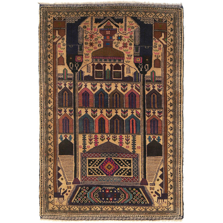 Hand Made Tribal Oriental Prayer Design Kaleen Rug, Traditional Hand-Knotted Wool Carpet |145x94cm|3'x4'7ft| - R13563