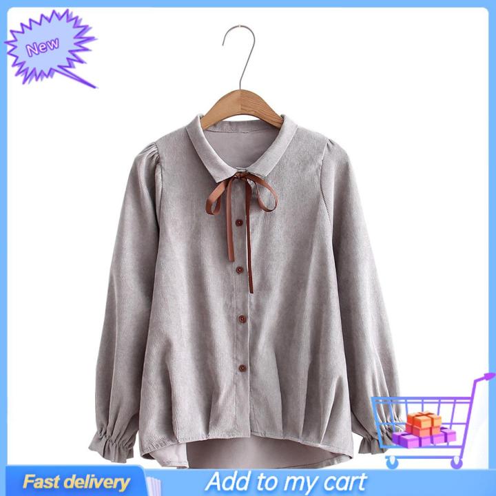 Stylish Corduroy Turn Down Collar Long Sleeve Women Casual Shirt Blouse Top Daraz.pk