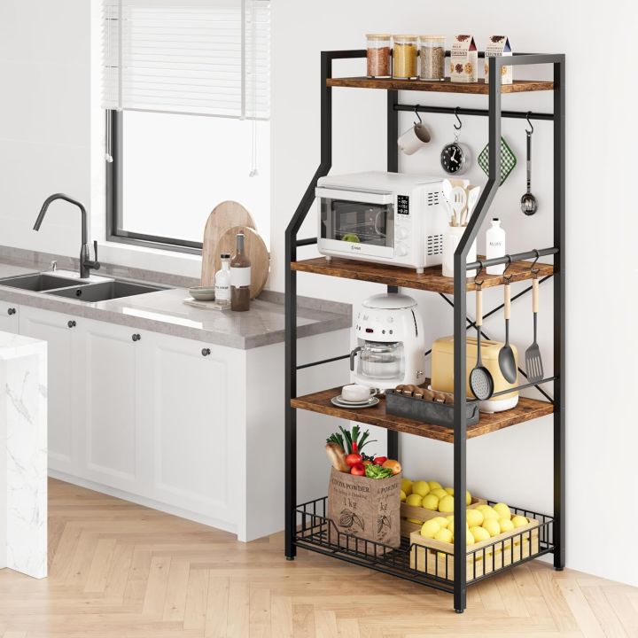 Kitchen Bakers Rack, Microwave Oven Stand with Large Wire Basket, Industrial Coffee Bar Station, 4-Tier Kitchen Utility Storage Shelf  , Pots Organizer, Rustic Brown
