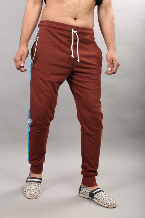 Brown Cotton Side Stripe Casual Zipper Trouser For Men Street wear