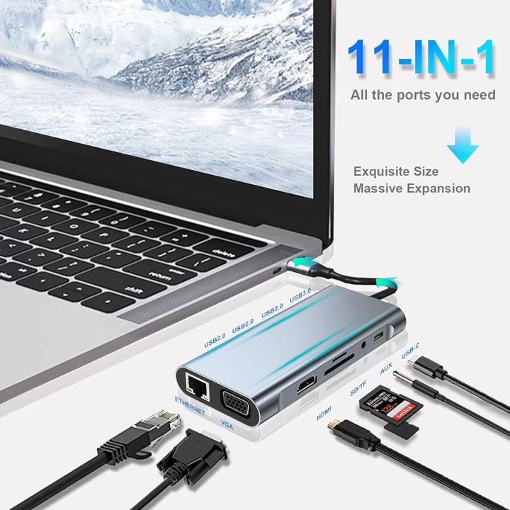 Type C Usb Hub Docking Station 11-in-1 USB C Adapter with 4K-HDMI, VGA, USB 3.0 port, Type C PD Ethernet SD / TF Card Reader 3.5mm AUX Compatible with More Type C Devices