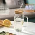 Techmanistan Random Color 400ml Square Glass Mug With Handle, Straw & Wooden Lid, Drinking Glass, Adorable Glass Cups with Lids and Straw, Glass Tumbler Coffee Cup Coffee Mug. 