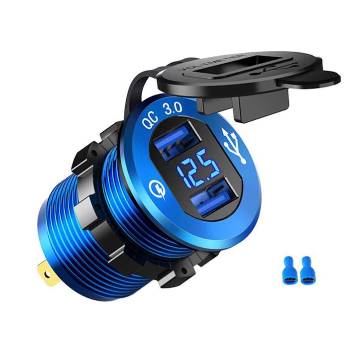 Quick Charge 3.0 Dual USB Charger Socket Aluminum Power Outlet Fast Charge with LED Voltmeter for 12V 24V Car Boat Marine ATV RV（Blue)