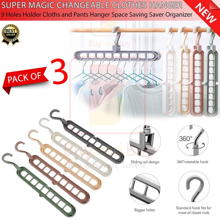 Pack of 3 - Super Magic Changeable Clothes Pluto Plastic Hanger Space Saving Saver Wonder Closet Organizer 9 Holes Holder Cloths and Pants Hanger