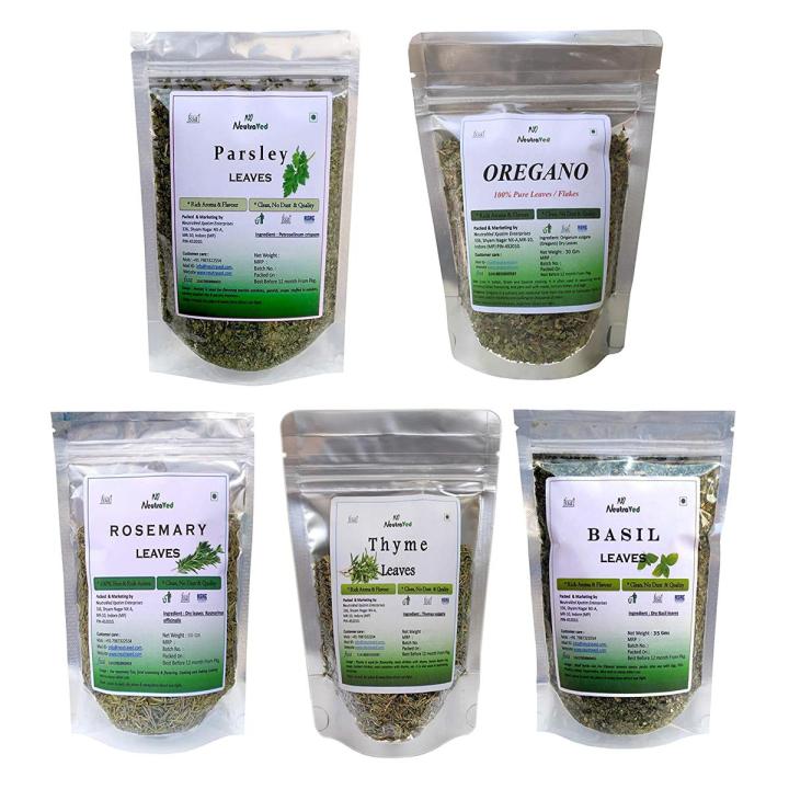 Thyme-Leaves 40g, Basil-Leaves 35g, Parsley-Leaves 30g, Oregano 30g and Rosemary Leaves (50g)