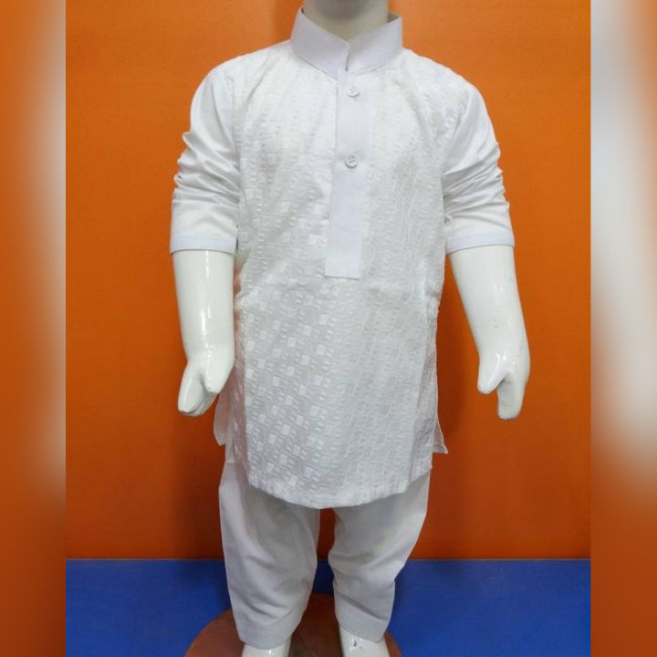 Indian Checkin White Cotton Kurta Shalwar For Boys