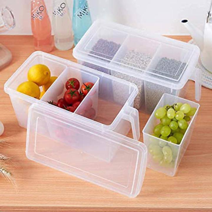 Kitchen Storage Containers with Handle, Plastic Food Storage Organizer Boxes with Lids for Refrigerator, Fridge, Freezer Cabinet Desk, 1 Pcs Container Set Food Organizers with Lid and 2 Removable Bins