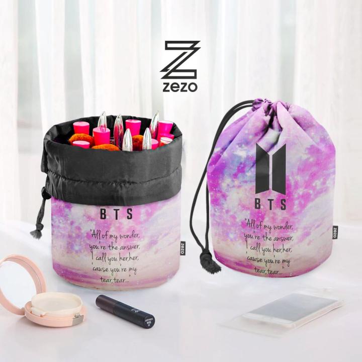 BTS Makeup Bag for Girls, large capacity makeup bag Waterproof - Women travel Cosmatic Makeup Accessories with hanging option- Multi function Makeup Pouch By Zezo.