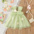 New Summer Girls' Baby Strap Dress Bow Knot Flower Decoration Infant Gauze Dress Solid Color Girl Children'S Clothing Suitable For 0-3 Years Old. 