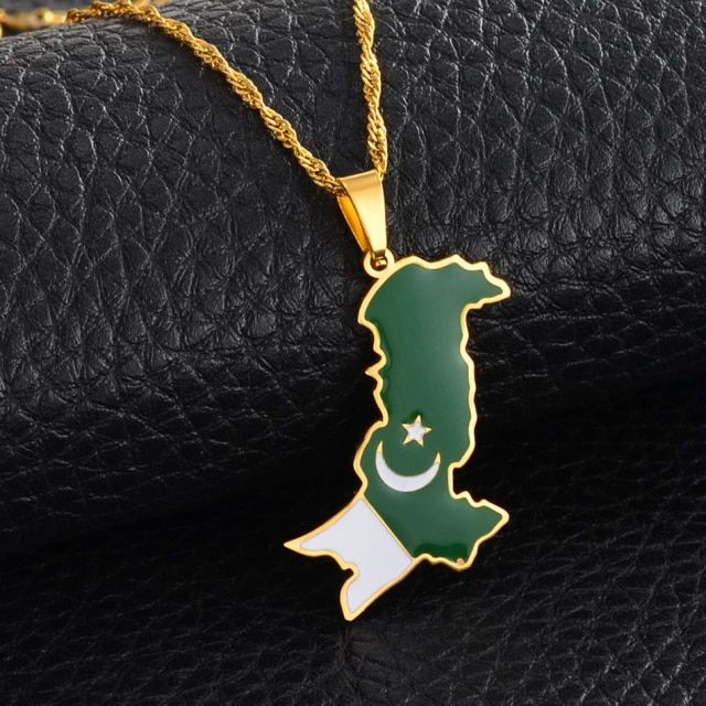 【happy one】Anniyo Pakistan Map Flag Pendant Necklaces Stainless Steel Color/gold Color Pakistani Ethnic 157721