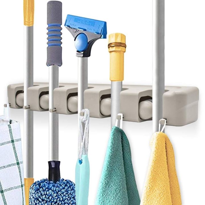 High Quality 5 Slot Broom Holder w/ 1 Self Adhesive Mop Gripper No-Drilling, Wall Mount Tool Organizers For Kitchen, Garage, Laundry Room- Anti-Slip Hanger For Brooms, Mops, Rakes