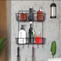 New Design High-Quality 2 Layer and 6 Hooks Metal Bathroom Storage Shelf with Sticky Hooks - Storage Organizer, Hanging Shelf Organizer, Wall-Mounted Spice Rack Organizer, Shower Shampoo Holder, Bathroom Corner Shower Iron Shelf Stand - Black/White. 