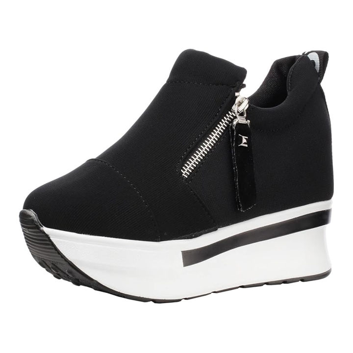 Girls High Heel Wedges Shoes, 4-Inch Canvas with Zipper Lock, Height-Increasing for Women
