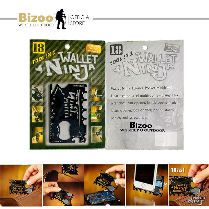 Bizoo Wallet Ninja Multitool Card – 18 in 1 Credit Card Size Multi Purpose Tool for Quick Repairs, EDC Survival Gear, Bottle Opener