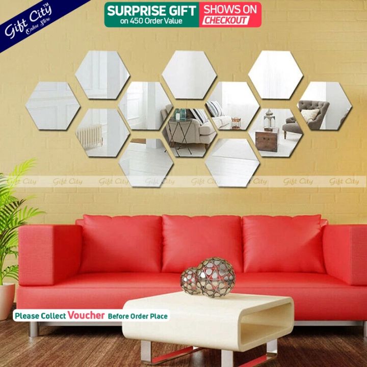 Gift City Presents Silver Acrylic Hexagon Mirror Wall Sticker Sets, 3D Wall Stickers, DIY Geometric Removable Acrylik Mirror Wall Decal, Personalized Art Hexagonal Mirror for Home Living Room Bedroom Decoration