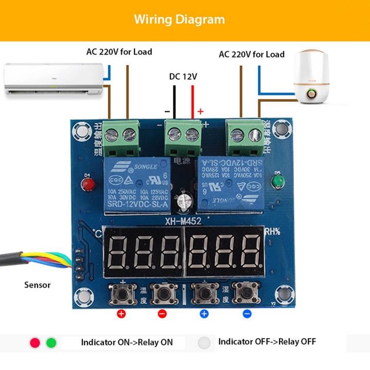 XH-M452 Thermostat Temperature Humidity Control Thermometer Hygrometer Controller Module DC 12V LED Digital Display Dual Output