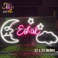 Customized Single Name Neon Sign For Kids Names with Moon, Stars and Cloud, Size 12 x 24 inches With 2A Adapter. 