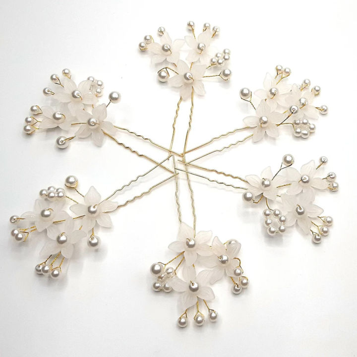 6 Pcs Hair Accessories - Pearls Beads Hairpins, Bridal Wedding Flower Clips