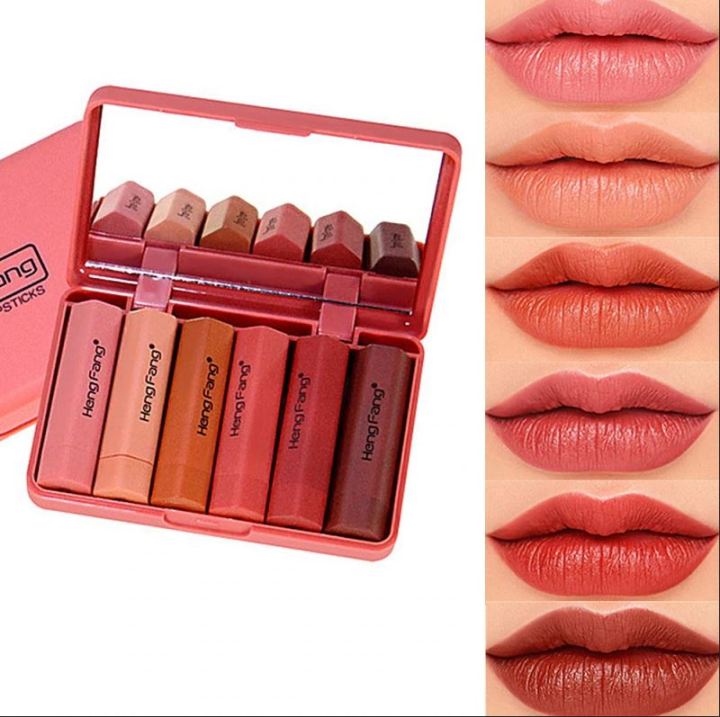 Pack Of 6 Mini Matte Lipstick Set High Quality Makeup Nourishing Matte Organic Lipstick Shade Kit With Mirror Mini Lipstick Makeup Kit Pocket Friendly Long-Lasting Lip Kit With Mirror Brown & Pink