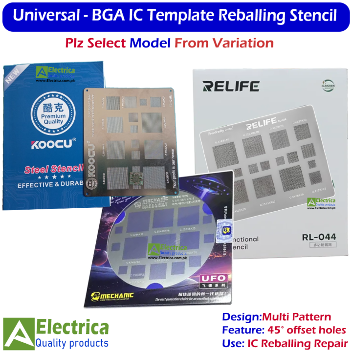 Universal BGA Reballing Stencil Mechanic UFO 95 15-in-1 / RELIFE RL-044 16-in-1 / KOOCU 16-in-1 IC Repair Template 0.3–0.5mm by Electrica