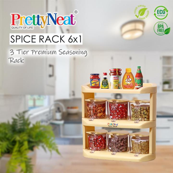 PrettyNeat 3 Tier Condiments and Spice Rack with 6 Spice Jars