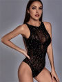 New Lingerie Hot Teddy Garters Bodysuit Set Black Lace Crystal Lingerie Backless See Through Underwear PinkyGirl. 