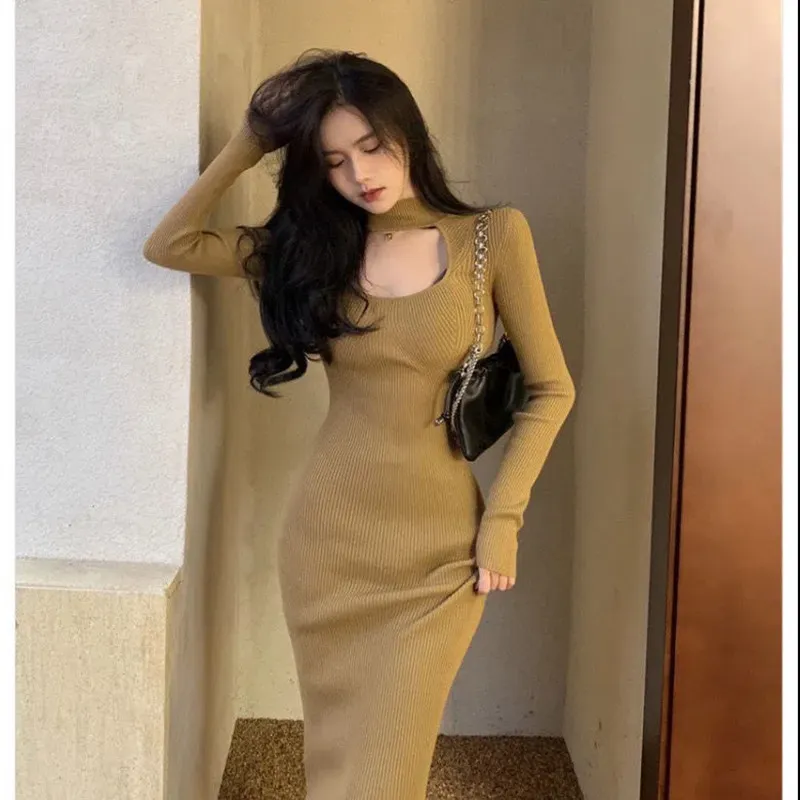 bellylady Women Long Sleeves Bodycon Dress Stylish Turtleneck Hollow-out  Long Skirt Elegant Solid Color Slim Fit Dress | Daraz.pk
