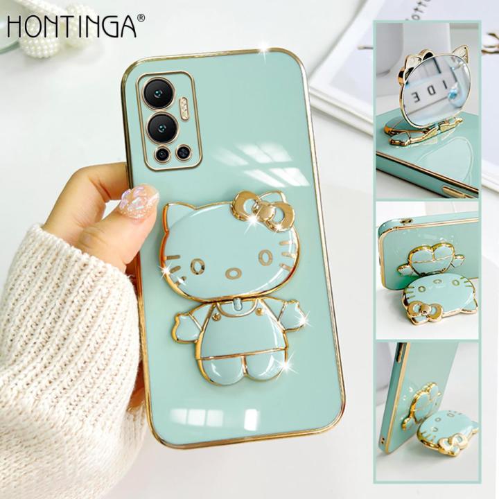 Hontinga for Infinix Hot 12 Back Cover + Makeup Mirror Lovely Folding Bracket Case For Gilrs Luxury 6D Plating Soft Silicone Phone Cases