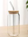 500ml Glass Cups with Bamboo Lids and Glass Straw, Round Glass Mug With Handle, Straw & Wooden Lid, Drinking Glass, Adorable Glass Cups with Lids and Straw, Glass Tumbler Coffee Cup Coffee Mug. 