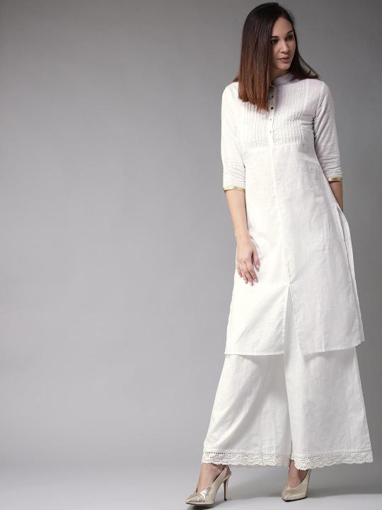 The-Ajmery White Pleated Neck Solid Straight 2 Pcs Suit For Women. PNSS-314