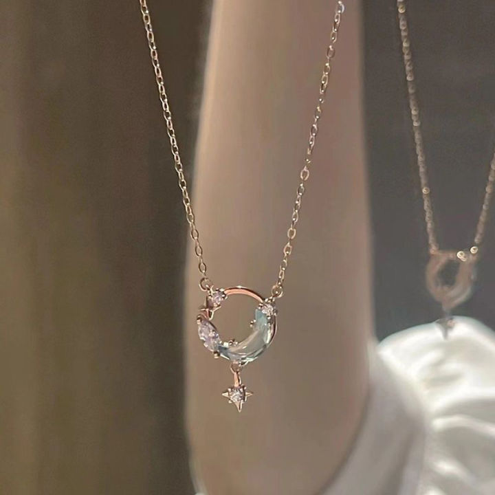 Korean Style Simple Fashion Moon Chokers Necklace Blue Stone Pendant Necklaces
