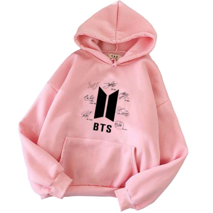 Trendy BTS SYMBOL LOGO TAGLINE with signature of all seven members Tag Print full sleeves Kangaroo Hoodie Pocket Drawstring Casual Pullover Hodie Clothing Long Sleeves Export Quality Huddie Winter Wear  in premium quality Smart Fit Hoody For  Women Girls