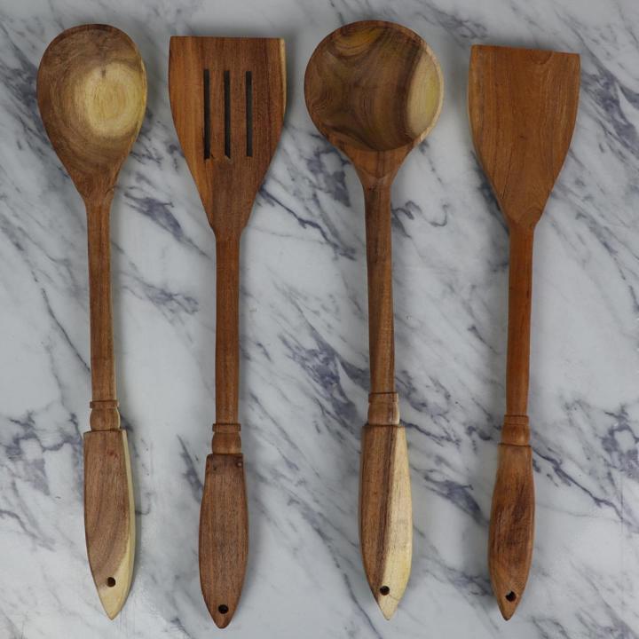 SK 4 Piece Fancy Wooden Cooking Spoons Set for Non-Stick Cookware
